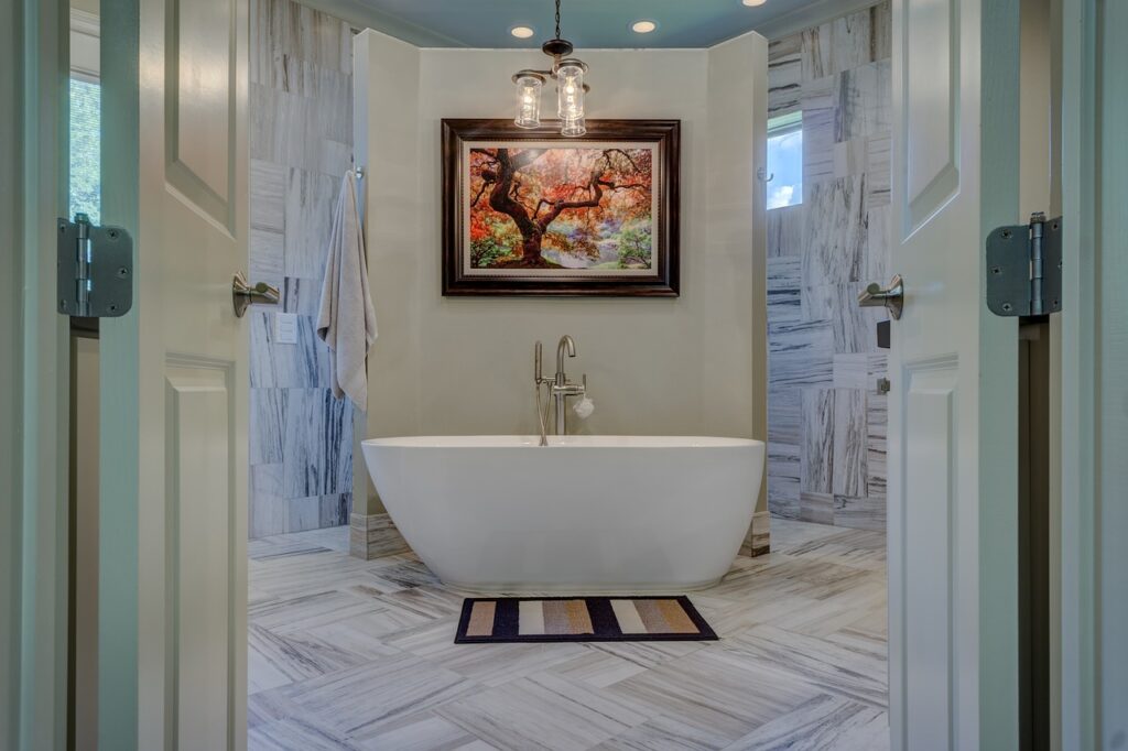 Modern bathroom upgrades fixture with freestanding tub in Mcminville OR