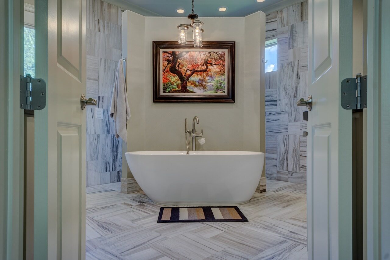 Modern bathroom with freestanding tub