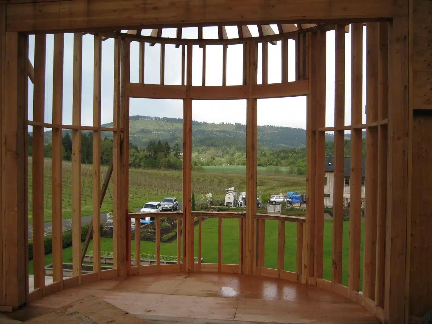 Interior framing of curved turret wall in Newberg, Oregon