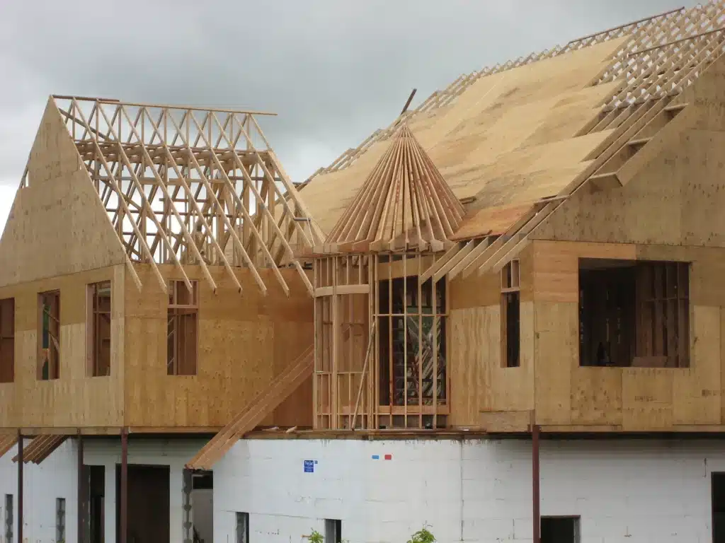 Turret roof framing on custom home in Newberg, Oregon