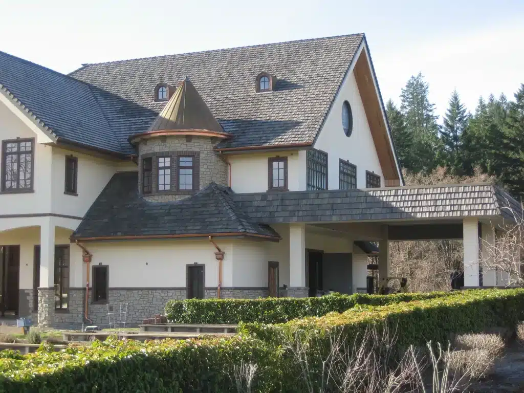 Finished stone turret with copper roof in Newberg, Oregon