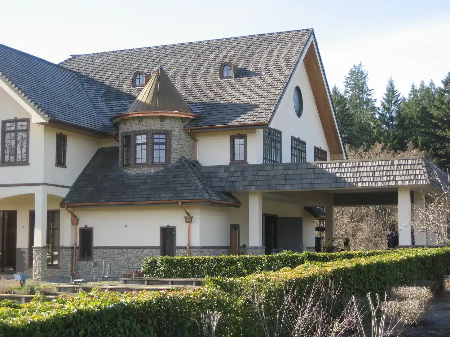 Finished stone turret with copper roof in Newberg, Oregon