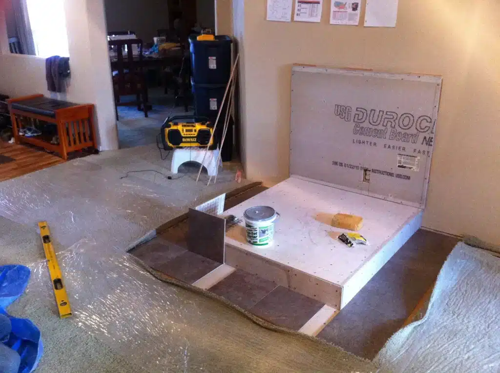 Cement board installed on new hearth platform in Tigard home