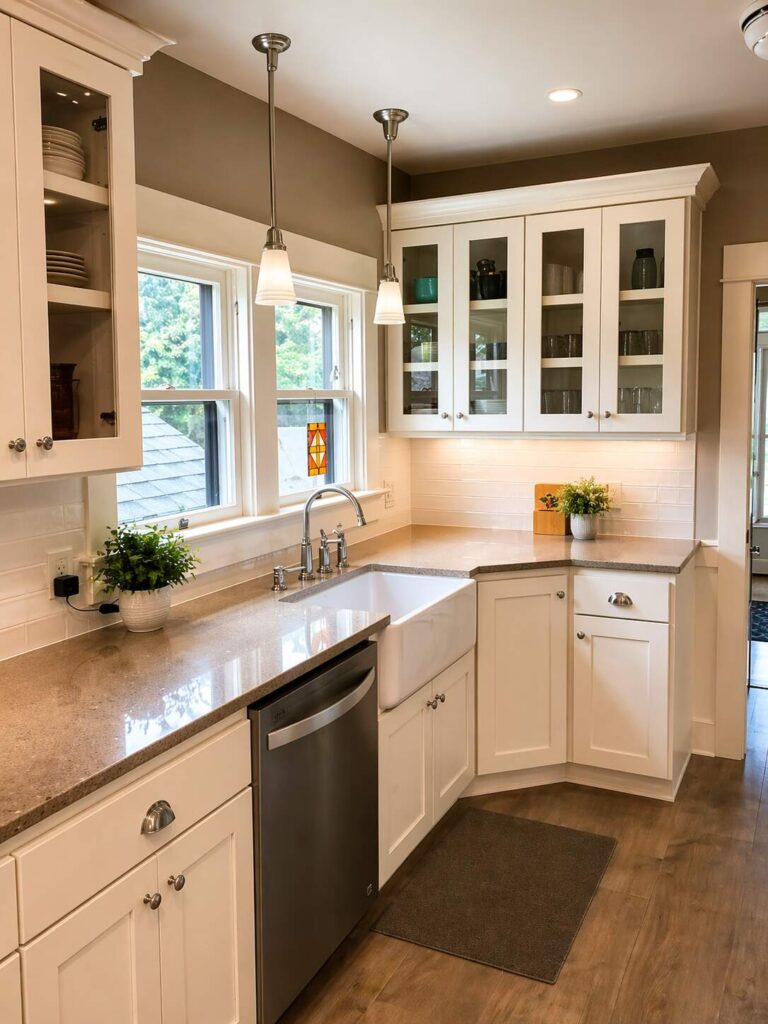 Bright, stylish kitchen with white cabinetry.